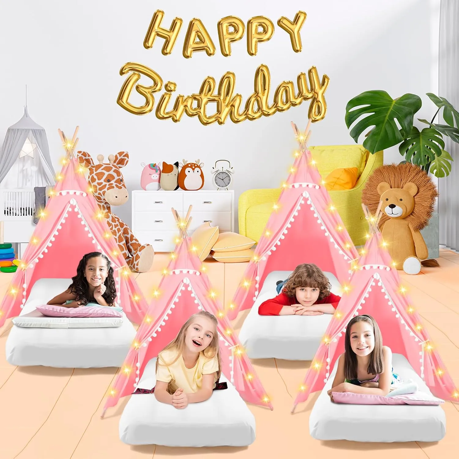 Sleepover Tents for Kids Party, 4-Set Teepee Tent for Kids Slumber Party Tents with Inflatable Airbed, Light String, Washable Tent Natural Cotton Toddler Play Bed Tent for Boys Girls (Pink)