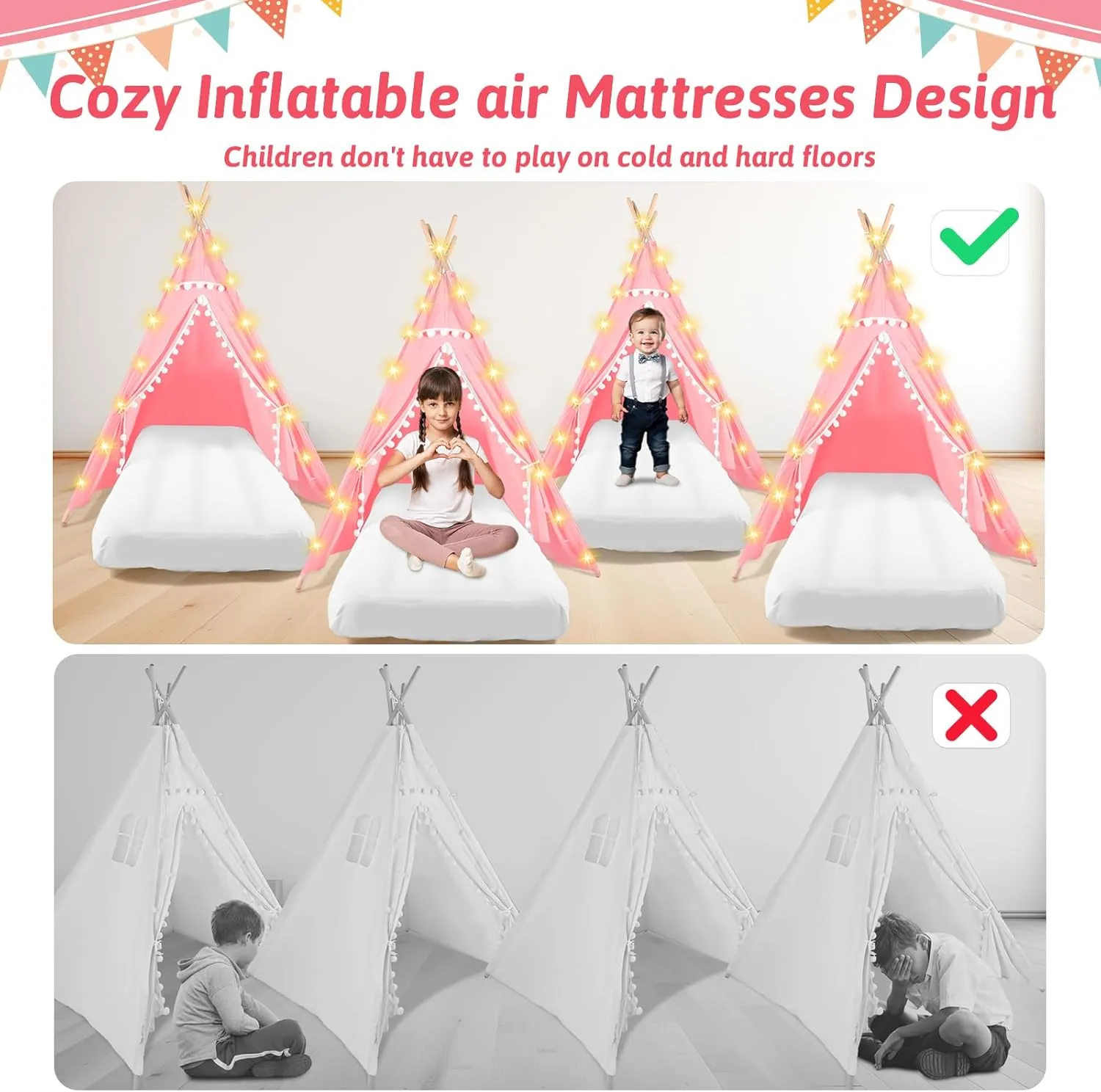 Sleepover Tents for Kids Party, 4-Set Teepee Tent for Kids Slumber Party Tents with Inflatable Airbed, Light String, Washable Tent Natural Cotton Toddler Play Bed Tent for Boys Girls (Pink)
