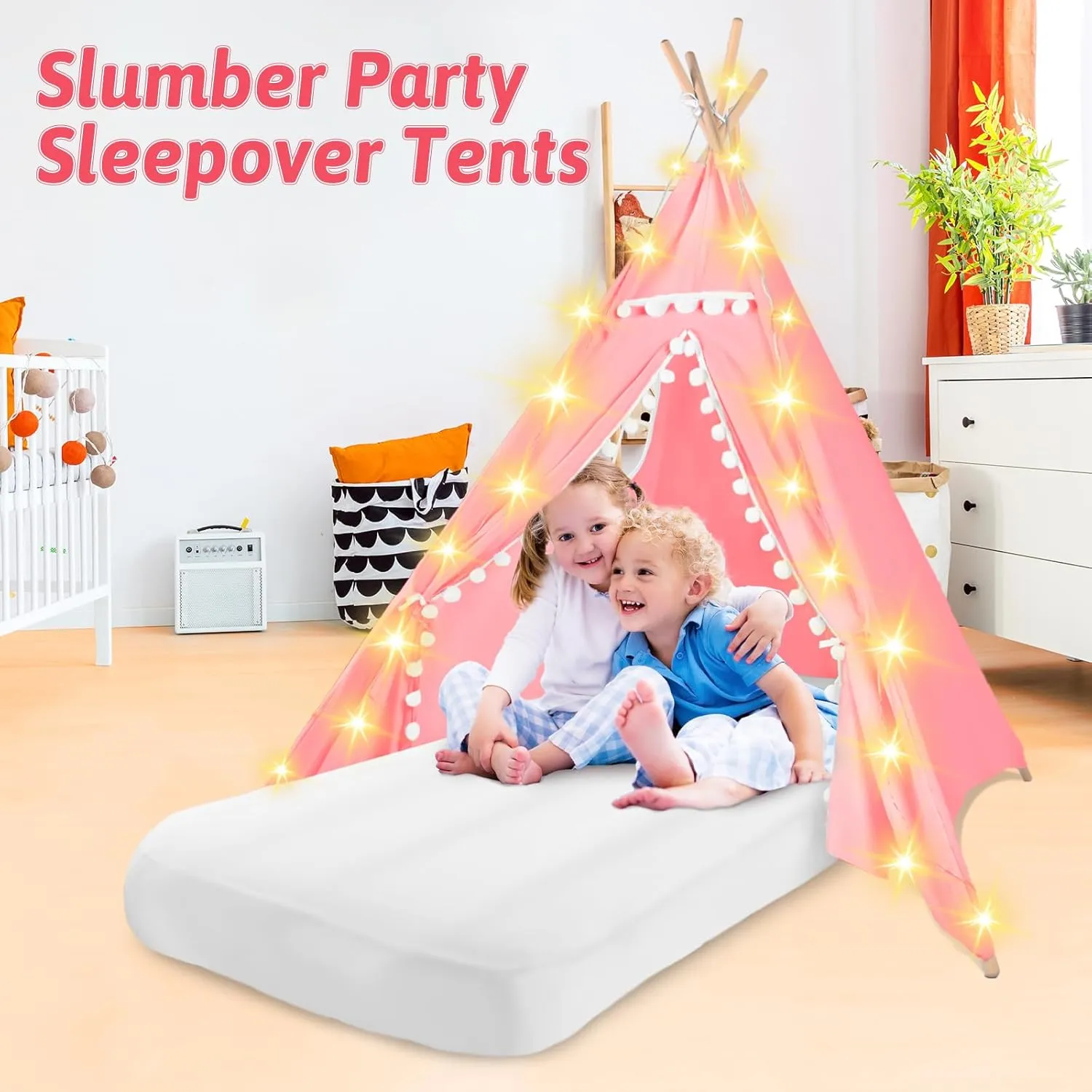 Sleepover Tents for Kids Party, 4-Set Teepee Tent for Kids Slumber Party Tents with Inflatable Airbed, Light String, Washable Tent Natural Cotton Toddler Play Bed Tent for Boys Girls (Pink)