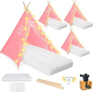 Sleepover Tents for Kids Party, 4-Set Teepee Tent for Kids Slumber Party Tents with Inflatable Airbed, Light String, Washable Tent Natural Cotton Toddler Play Bed Tent for Boys Girls (Pink)