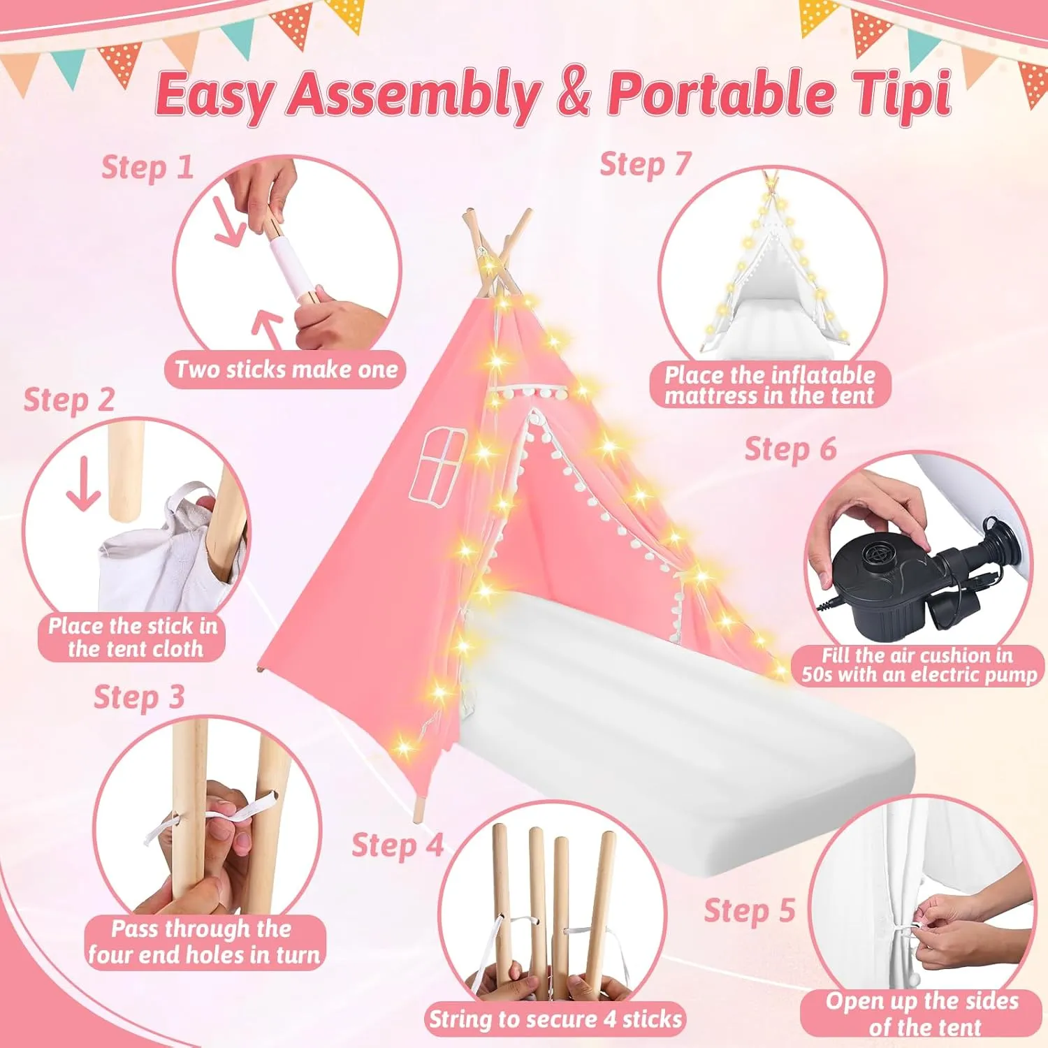Sleepover Tents for Kids Party, 4-Set Teepee Tent for Kids Slumber Party Tents with Inflatable Airbed, Light String, Washable Tent Natural Cotton Toddler Play Bed Tent for Boys Girls (Pink)