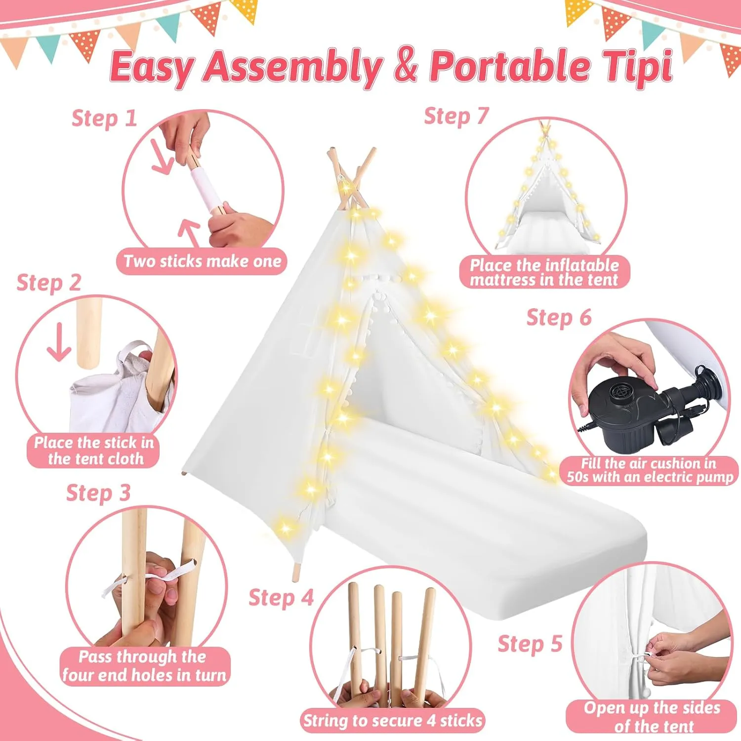Sleepover Tents for Kids Party, 4-Set Teepee Tent for Kids Slumber Party Tents with Inflatable Airbed, Light String, Washable Tent Natural Cotton Toddler Play Bed Tent for Boys Girls (White)
