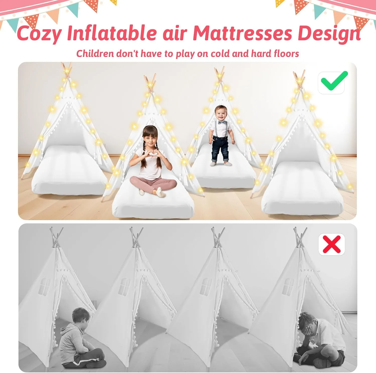 Sleepover Tents for Kids Party, 4-Set Teepee Tent for Kids Slumber Party Tents with Inflatable Airbed, Light String, Washable Tent Natural Cotton Toddler Play Bed Tent for Boys Girls (White)