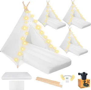 Sleepover Tents for Kids Party, 4-Set Teepee Tent for Kids Slumber Party Tents with Inflatable Airbed, Light String, Washable Tent Natural Cotton Toddler Play Bed Tent for Boys Girls (White)