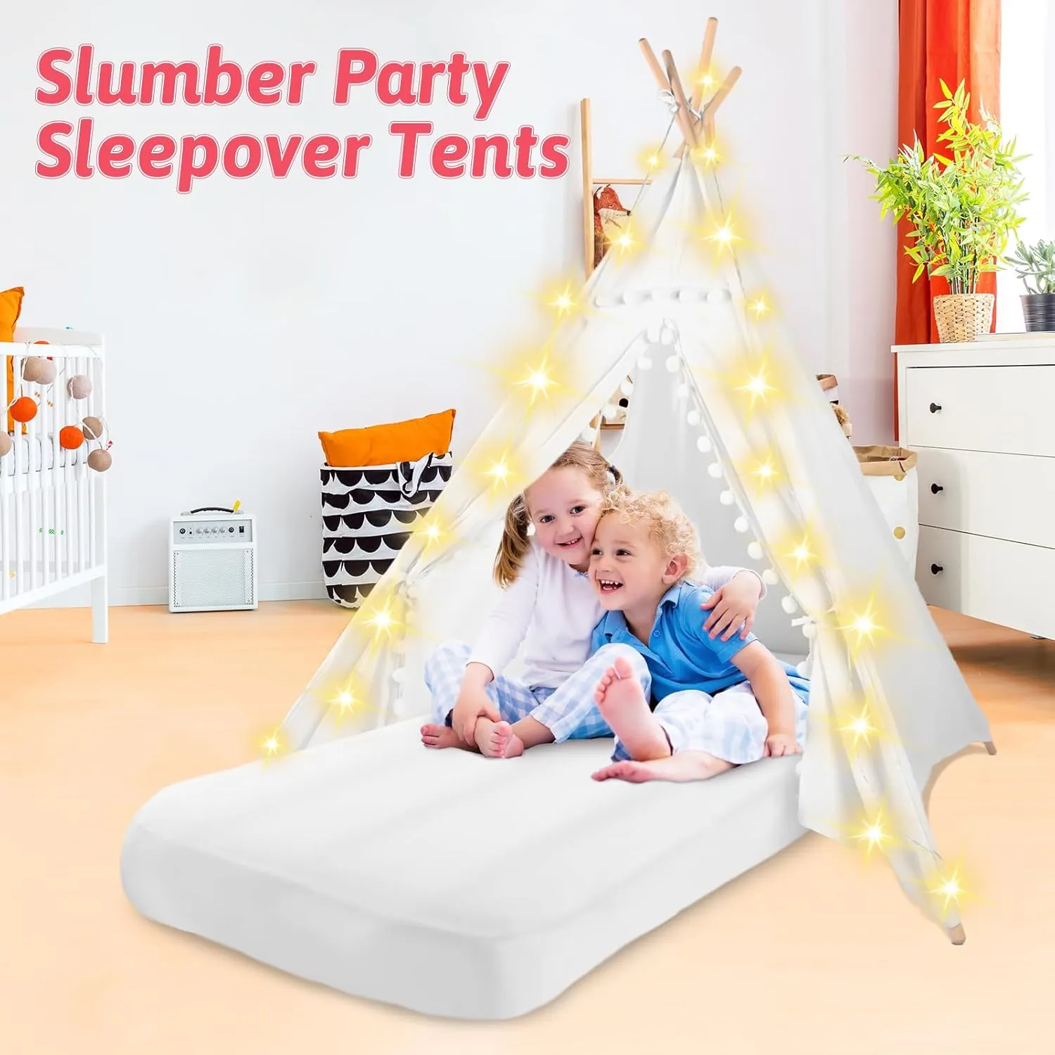 Sleepover Tents for Kids Party, 4-Set Teepee Tent for Kids Slumber Party Tents with Inflatable Airbed, Light String, Washable Tent Natural Cotton Toddler Play Bed Tent for Boys Girls (White)