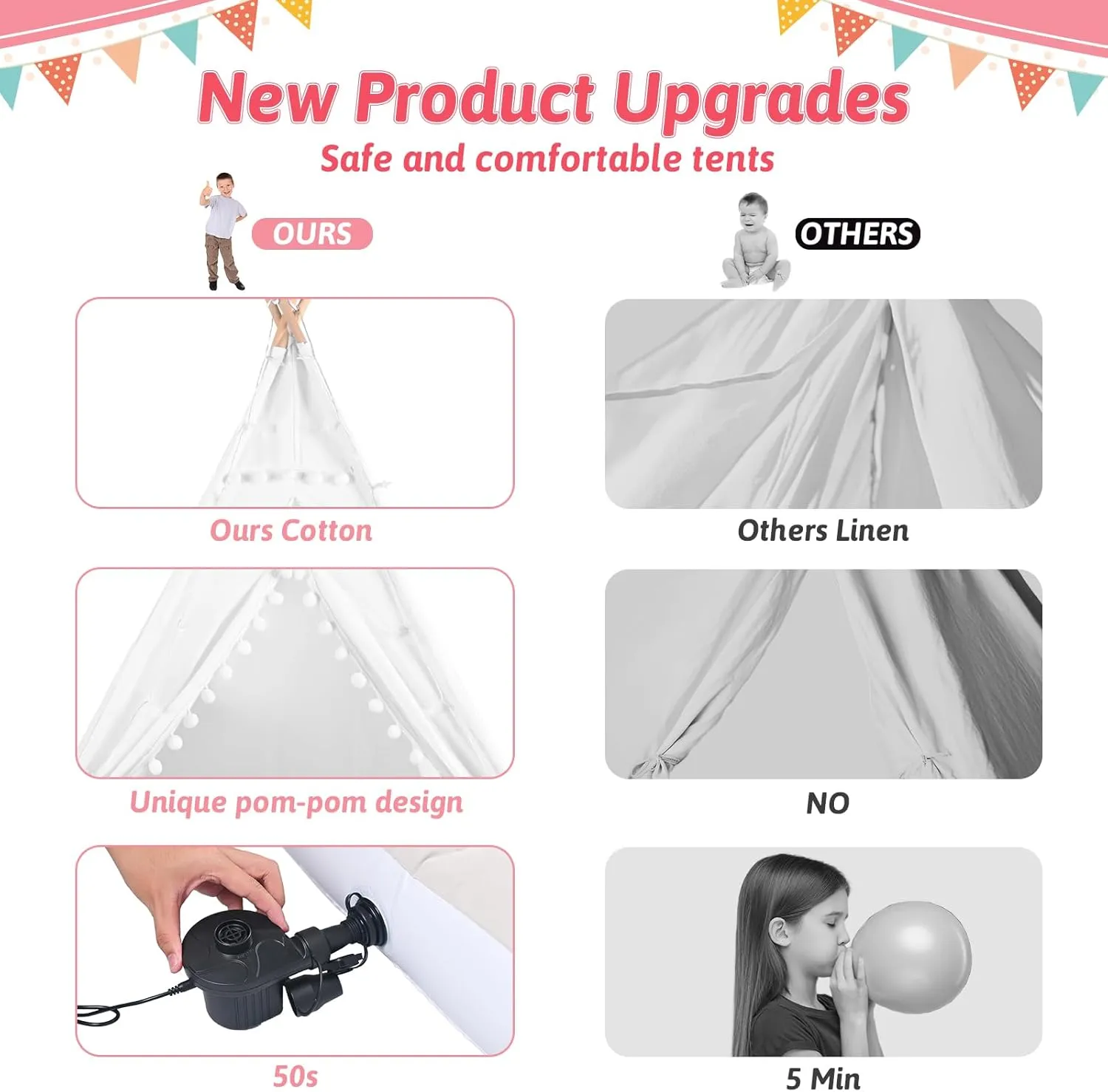 Sleepover Tents for Kids Party, 4-Set Teepee Tent for Kids Slumber Party Tents with Inflatable Airbed, Light String, Washable Tent Natural Cotton Toddler Play Bed Tent for Boys Girls (White)