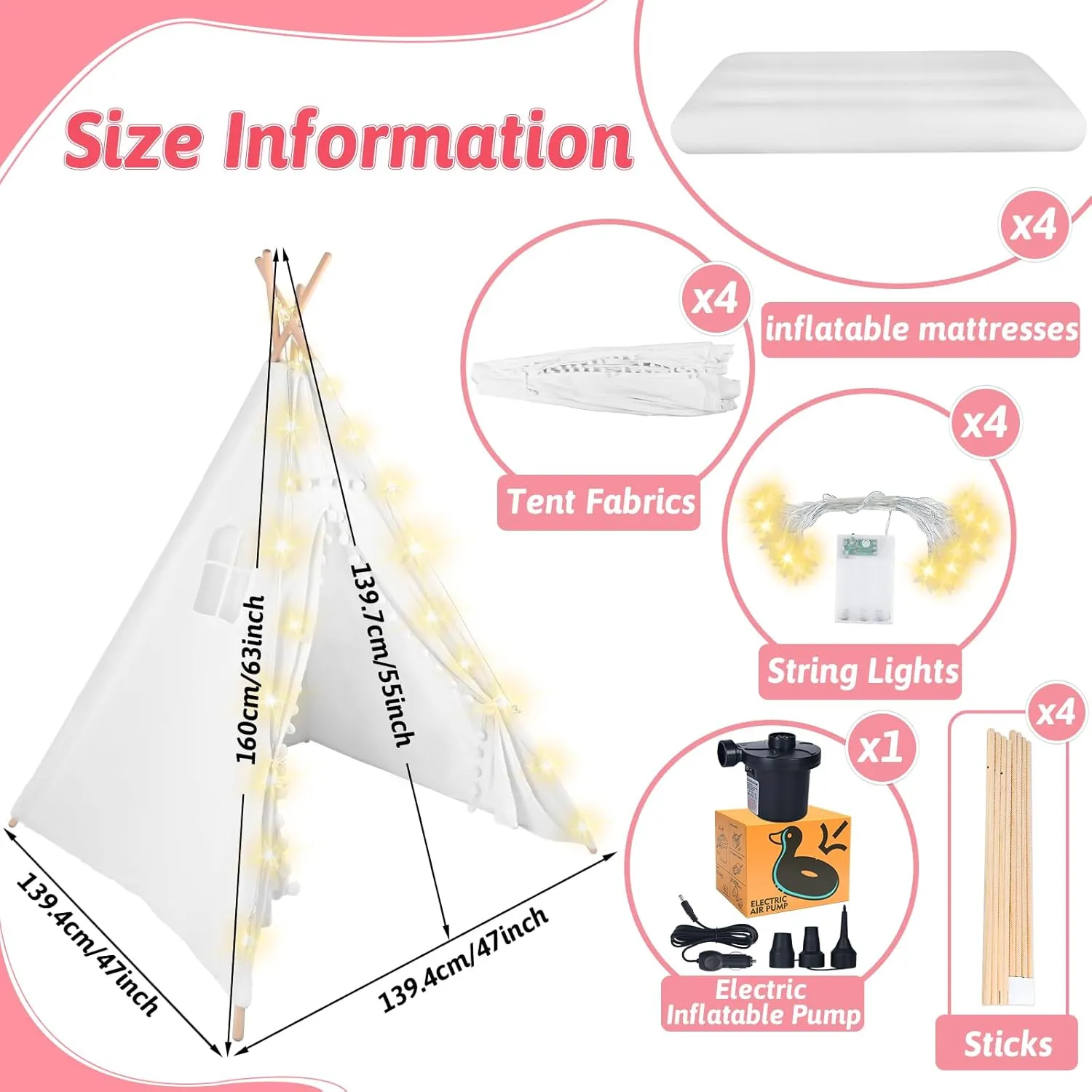 Sleepover Tents for Kids Party, 4-Set Teepee Tent for Kids Slumber Party Tents with Inflatable Airbed, Light String, Washable Tent Natural Cotton Toddler Play Bed Tent for Boys Girls (White)