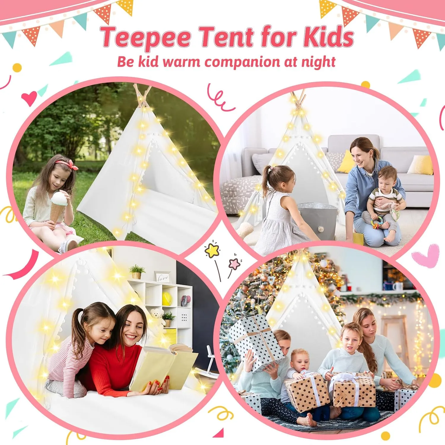 Sleepover Tents for Kids Party, 4-Set Teepee Tent for Kids Slumber Party Tents with Inflatable Airbed, Light String, Washable Tent Natural Cotton Toddler Play Bed Tent for Boys Girls (White)