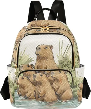 Small Backpack Purse for Women, Five Capybaras Looking in The Same Direction Pool Travel Bag Casual Daypack Shoulder Bag