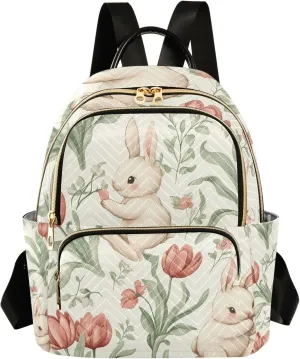 Small Backpack Purse for Women, Rabbit Tulip Pattern Travel Bag Casual Daypack Shoulder Bag
