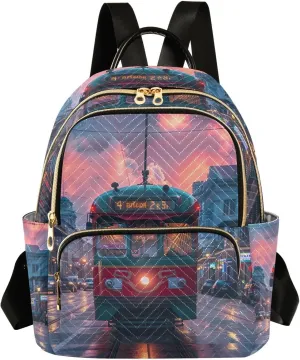 Small Backpack Purse for Women, Sunset Streetcar Pattern Shoulder Bag Lightweight Daypack for Travel Work Casual
