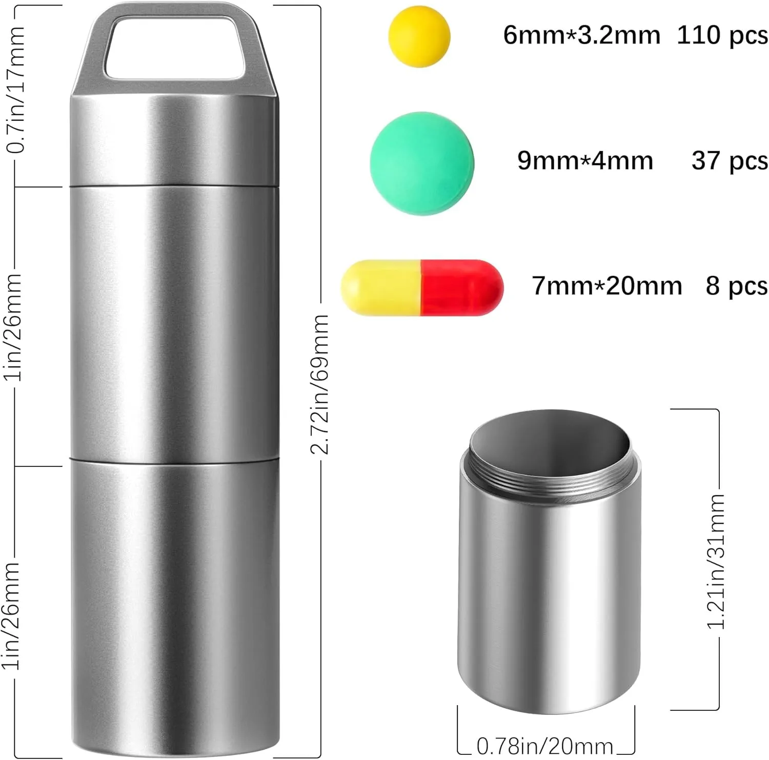 Small Pill Case (2 Compartments Design), Portable Metal Pill Holder Keychain Waterproof Pill Box Container Mini Stainless Steel Pill Organizer for Travel Purse Pocket
