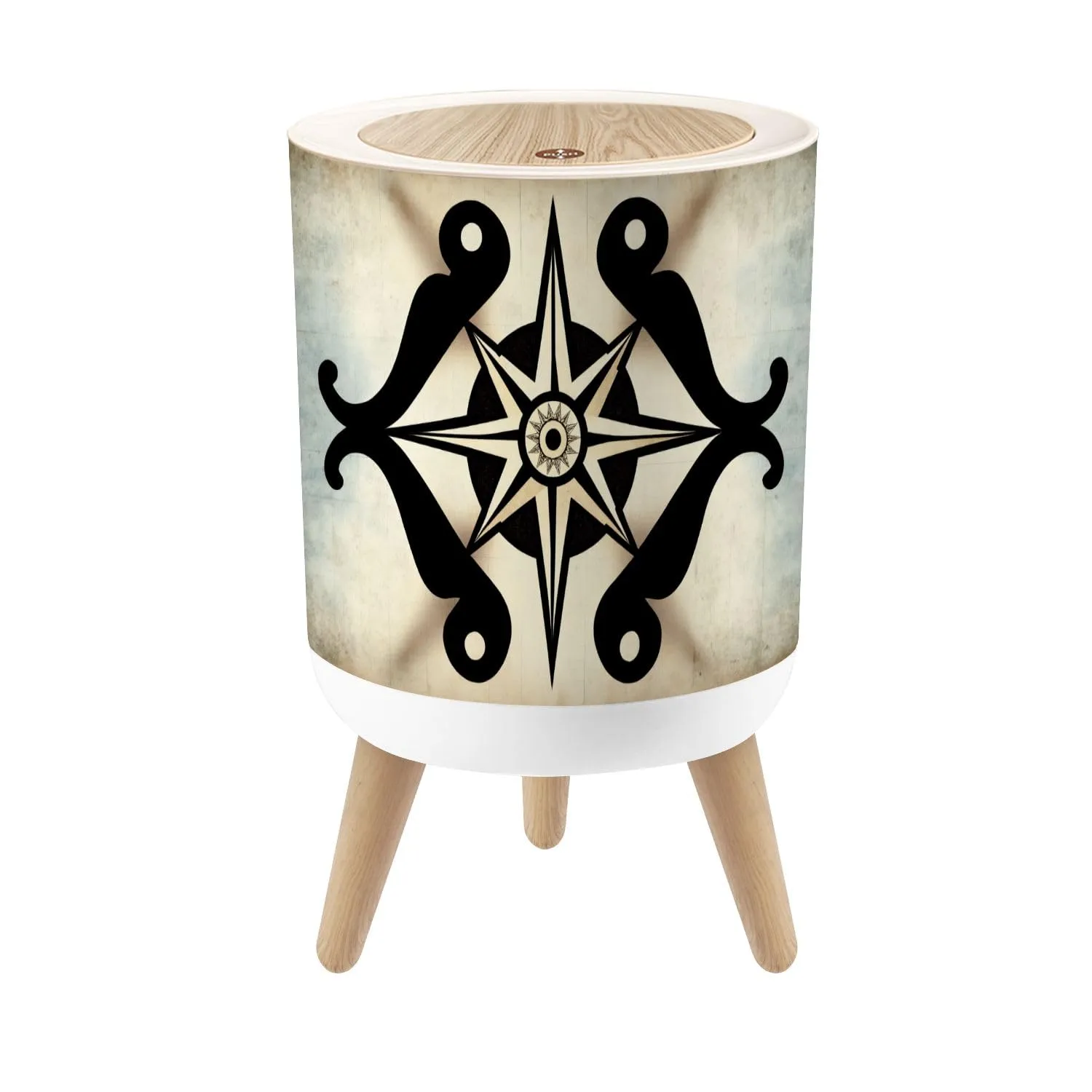 Small Trash Can with Lid Vintage Skull Compass Circle Marine Nautical Map Round Rugs Star Wind Round Press Top Garbage Can with Legs Trash Bin Waste Basket for Kitchen Bedroom Bathroom 7L/1.8 Gallon