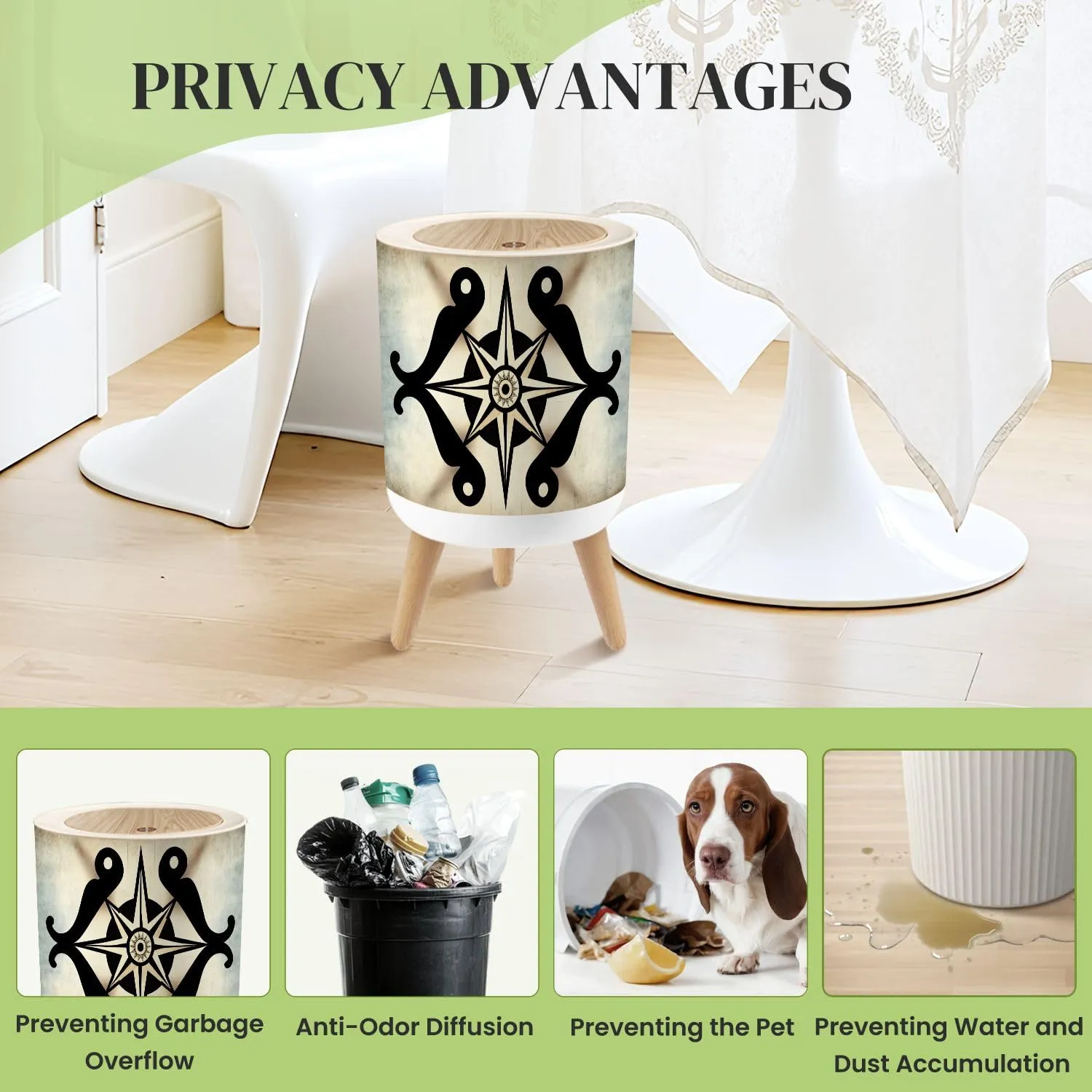 Small Trash Can with Lid Vintage Skull Compass Circle Marine Nautical Map Round Rugs Star Wind Round Press Top Garbage Can with Legs Trash Bin Waste Basket for Kitchen Bedroom Bathroom 7L/1.8 Gallon