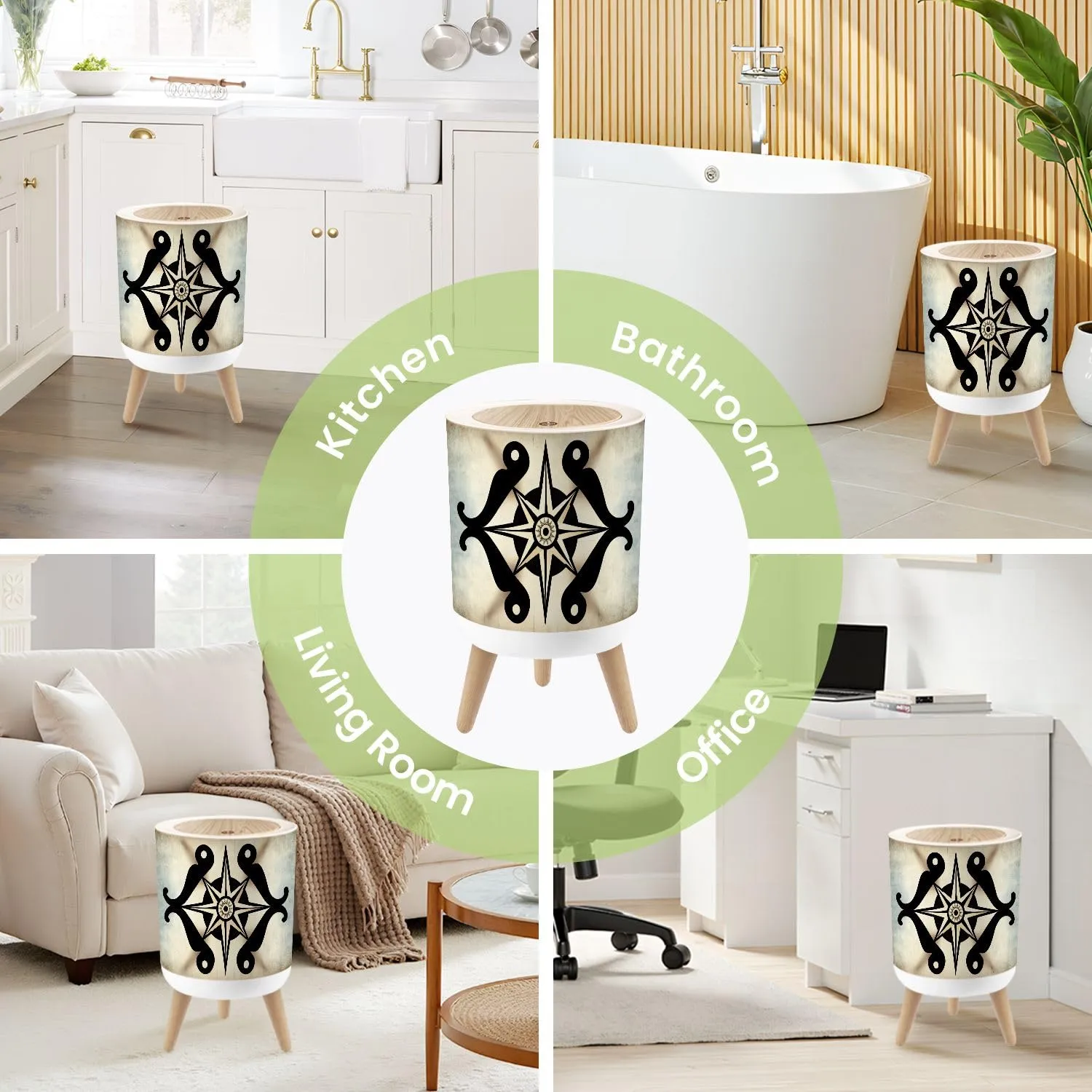 Small Trash Can with Lid Vintage Skull Compass Circle Marine Nautical Map Round Rugs Star Wind Round Press Top Garbage Can with Legs Trash Bin Waste Basket for Kitchen Bedroom Bathroom 7L/1.8 Gallon