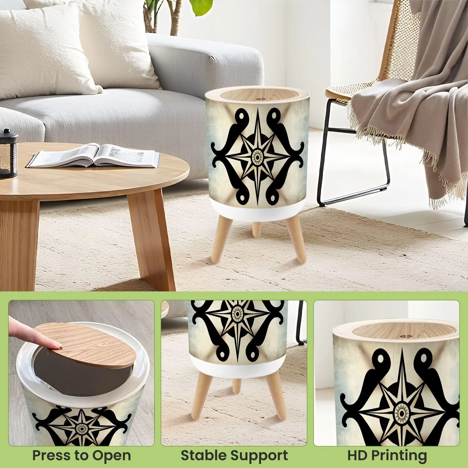 Small Trash Can with Lid Vintage Skull Compass Circle Marine Nautical Map Round Rugs Star Wind Round Press Top Garbage Can with Legs Trash Bin Waste Basket for Kitchen Bedroom Bathroom 7L/1.8 Gallon
