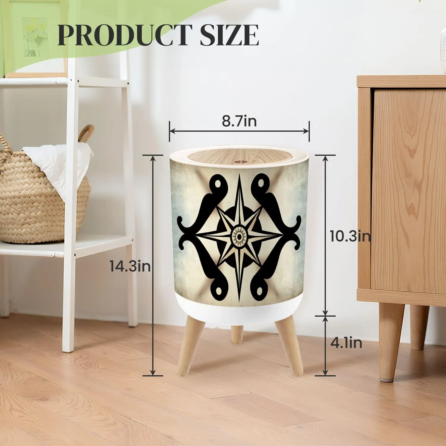 Small Trash Can with Lid Vintage Skull Compass Circle Marine Nautical Map Round Rugs Star Wind Round Press Top Garbage Can with Legs Trash Bin Waste Basket for Kitchen Bedroom Bathroom 7L/1.8 Gallon