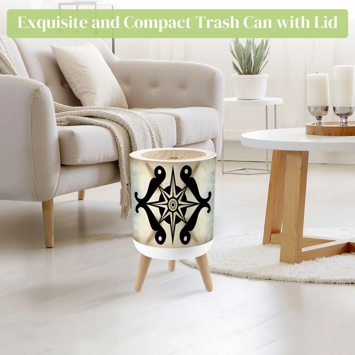 Small Trash Can with Lid Vintage Skull Compass Circle Marine Nautical Map Round Rugs Star Wind Round Press Top Garbage Can with Legs Trash Bin Waste Basket for Kitchen Bedroom Bathroom 7L/1.8 Gallon