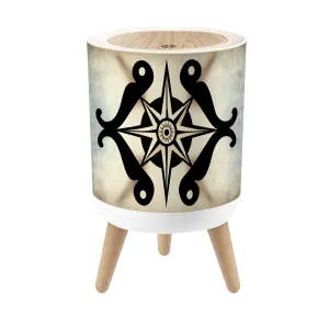 Small Trash Can with Lid Vintage Skull Compass Circle Marine Nautical Map Round Rugs Star Wind Round Press Top Garbage Can with Legs Trash Bin Waste Basket for Kitchen Bedroom Bathroom 7L/1.8 Gallon