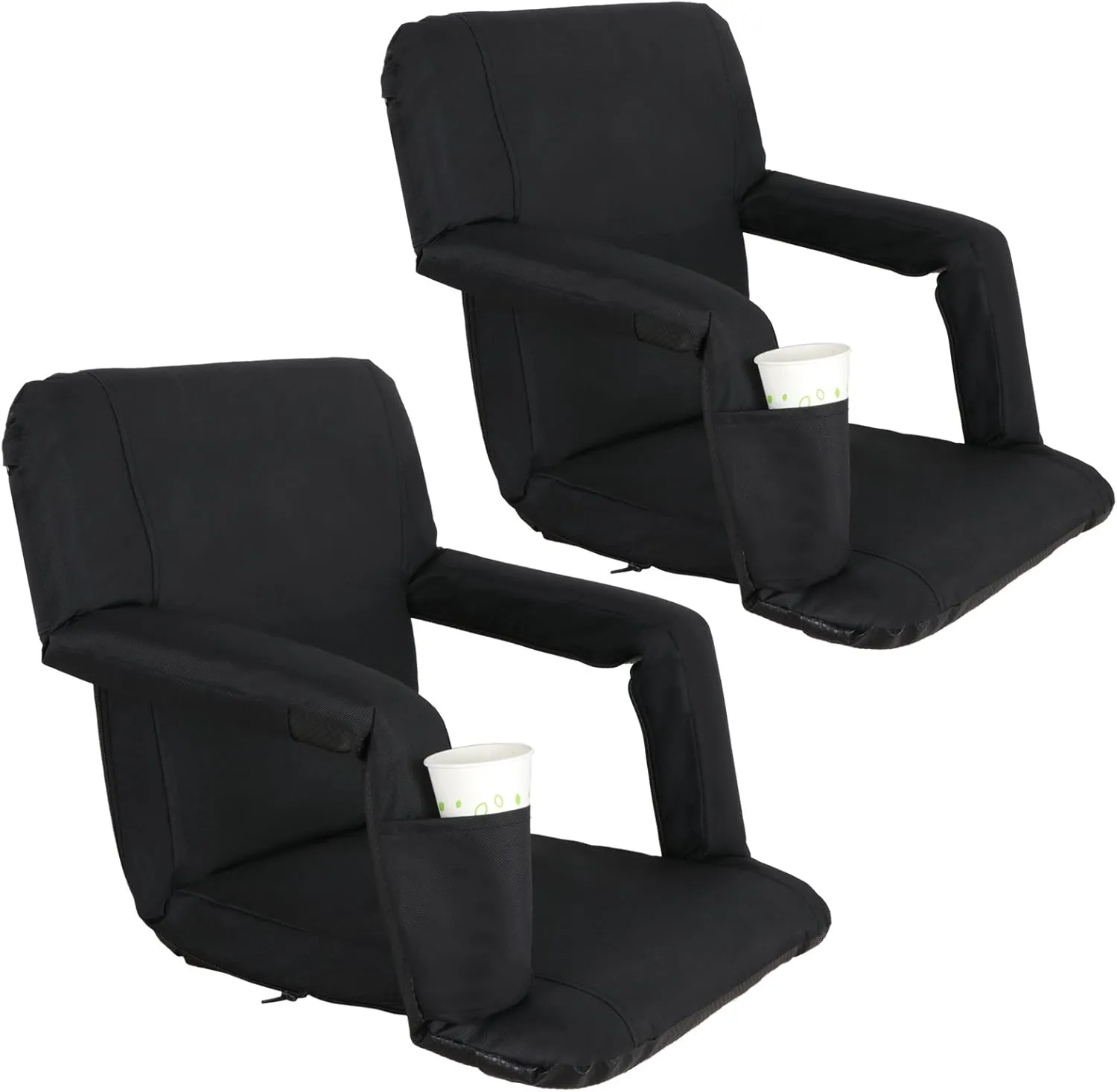 Smartxchoices Set of 2 Black Stadium Seats Chairs for Bleachers Portable Padded with Cushion/Back/Arms,Water Resistant 5-Reclining for Outdoor/Indoor Backpack Straps Easy to Transport (2-Pack Black)