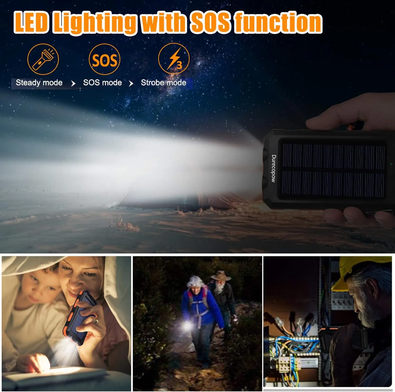 Solar Charger Power Bank, 20000mAh Portable Outdoor Waterproof Solar Battery Charger, Camping External Backup Battery Pack USB C Ports Input/Output, 2 Led Light Flashlight with Compass (Orange)