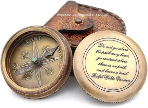 Solid Brass Compass with Leather Case – Engraved Quote “Do Not Go Where The Path May Lead” – Inspirational Gift for Men, Women, Graduates, Travelers, Retirement, Adventure Keepsake