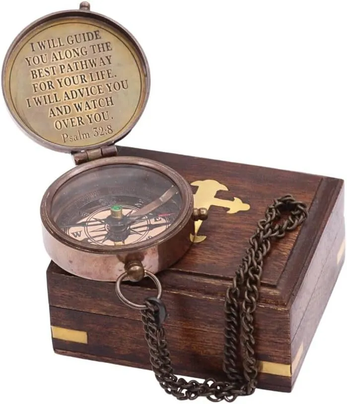Solid Brass Handmade Trust in The Lord Compass with Brass Cross Inlaid Hardwood Storgae Case, Unique Gift for Son