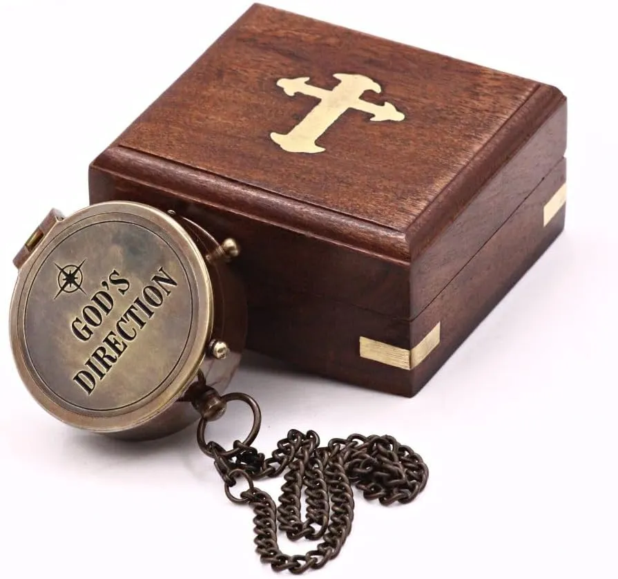 Solid Brass Handmade Trust in The Lord Compass with Brass Cross Inlaid Hardwood Storgae Case, Unique Gift for Son