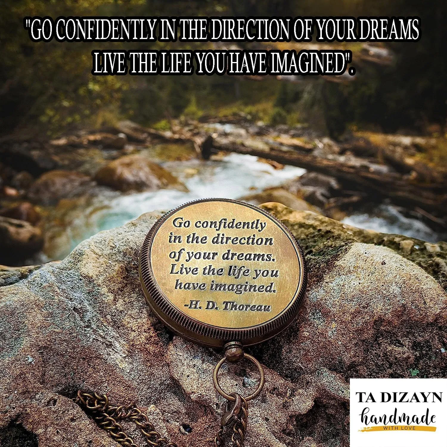 Solid Brass Thoreau's Go Confidently Quote Engraved Compass with Wooden Box, Camping Compass, Baptism & Graduation Gift, Christian Gift for Men & Confirmation