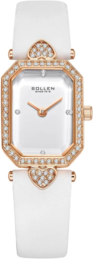 SOLLEN Women's Dainty Dress Watch, Japanese Quartz Movement Luxury Watch with Crystal Zircon Bezel & White Genuine Leather Band, Elegant Ladies Wristwatch for Wedding, Evening Events - Gift for Her
