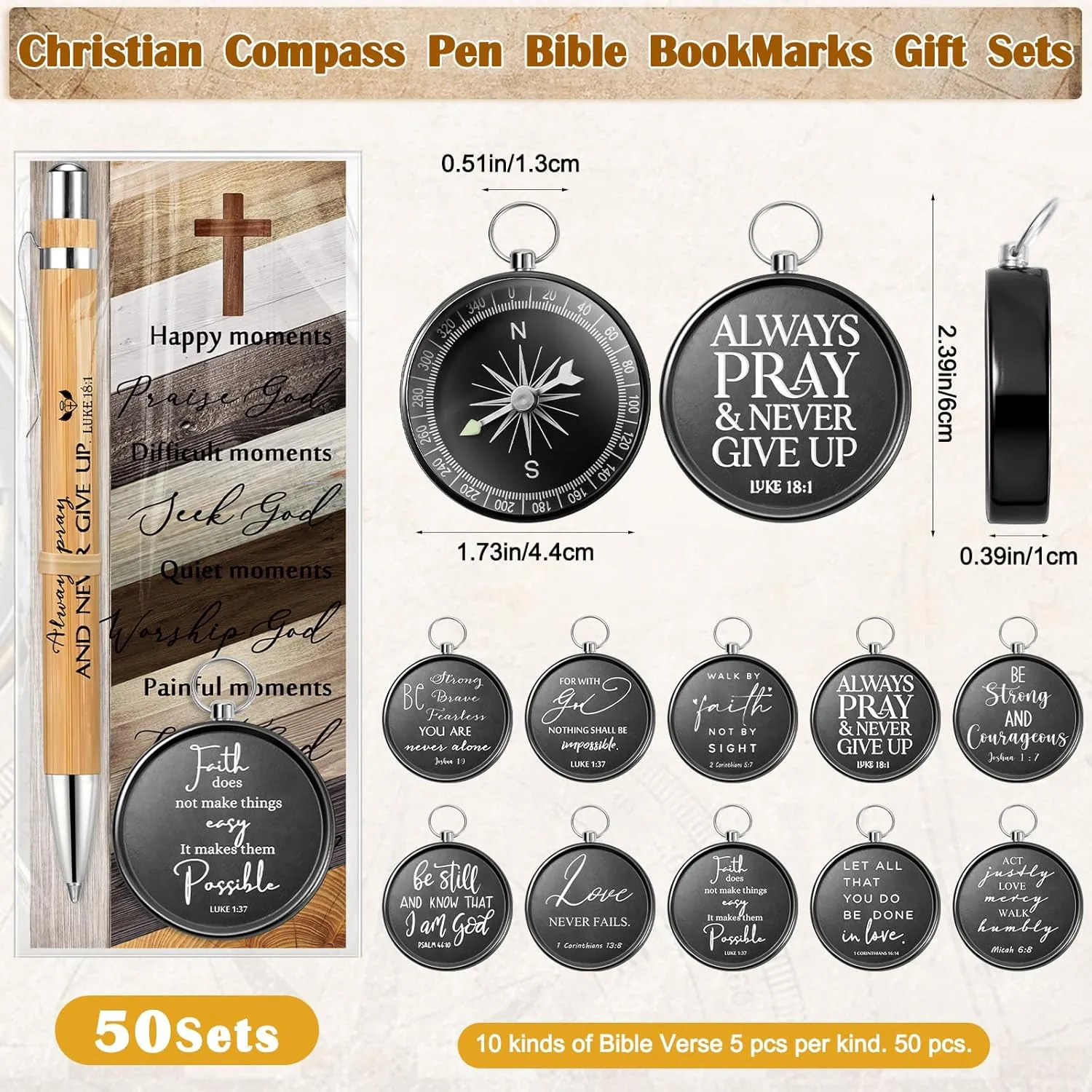 Spakon Christian Gifts for Father's Day Bulk Bible Verse Compass Pen Engraved Inspirational Compass with Religious Bookmarks Church Welcome Gifts for Men Christian Sunday School