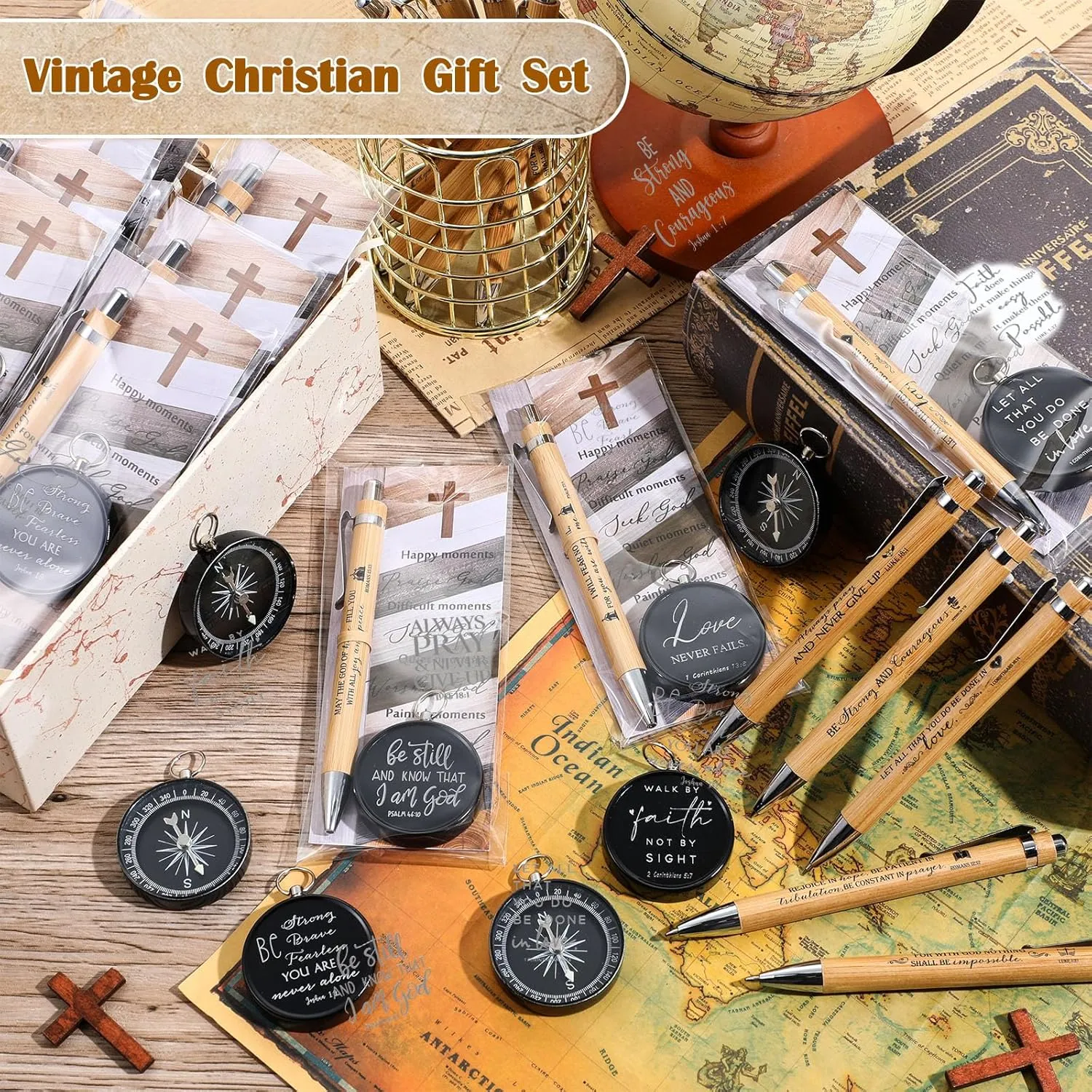 Spakon Christian Gifts for Father's Day Bulk Bible Verse Compass Pen Engraved Inspirational Compass with Religious Bookmarks Church Welcome Gifts for Men Christian Sunday School