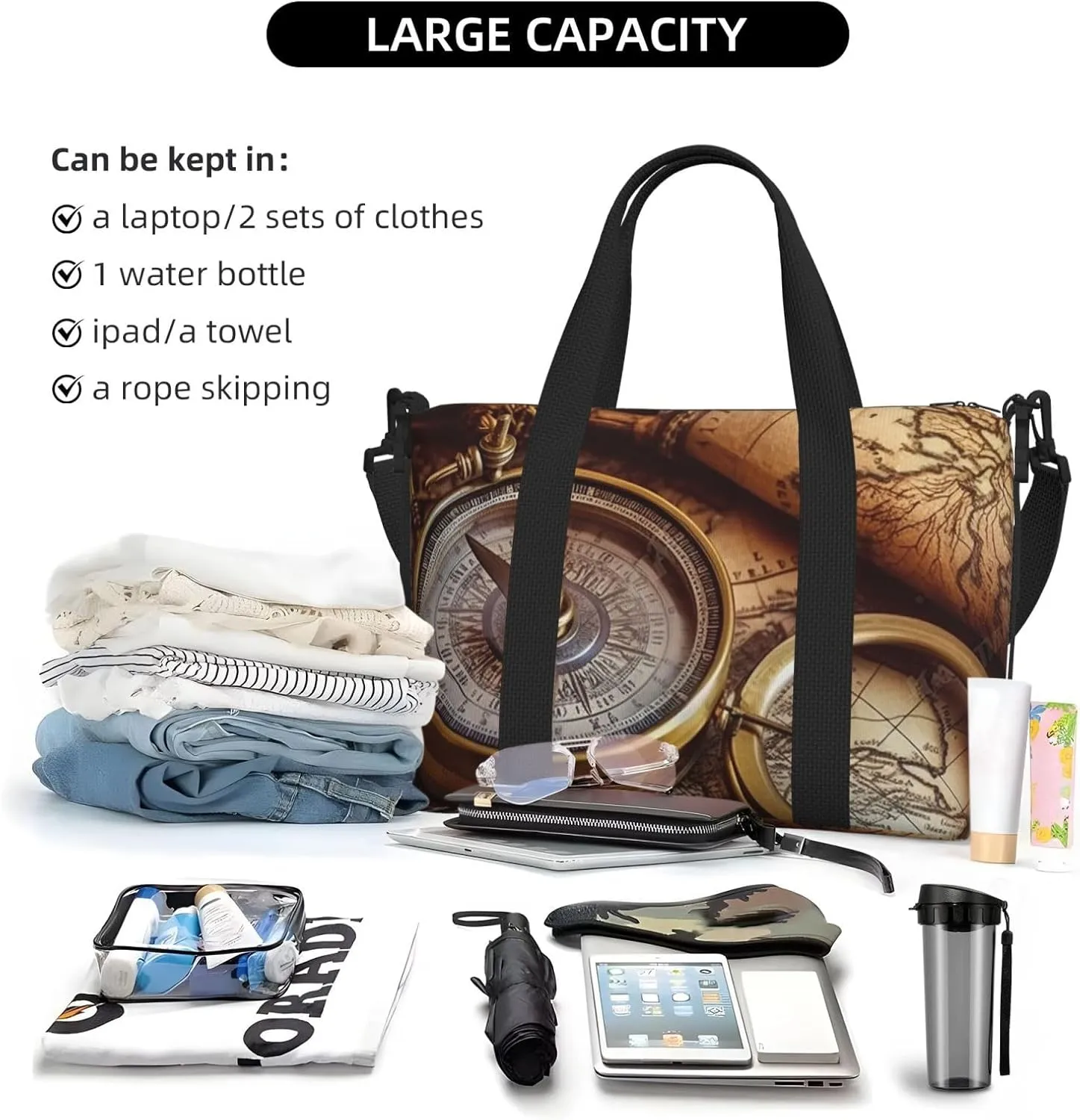 Sports Gym Bag for Women Men Travel Duffel Bag Tote Weekender Bag Carry on Overnight Bag for Travel Swimming Fitness Workout Sports Compass and Old World Map Duffle Bag