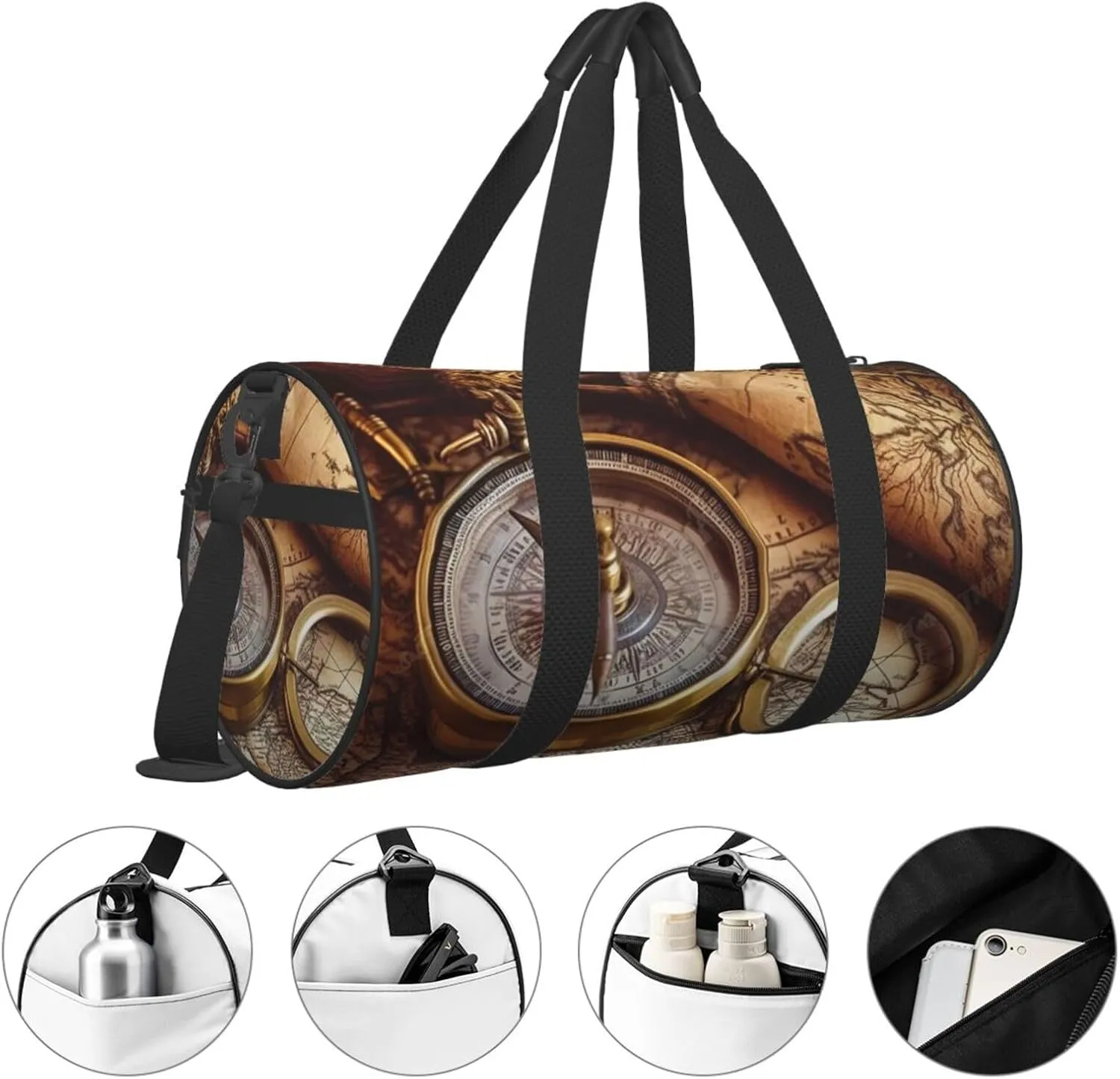 Sports Gym Bag for Women Men Travel Duffel Bag Tote Weekender Bag Carry on Overnight Bag for Travel Swimming Fitness Workout Sports Compass and Old World Map Duffle Bag