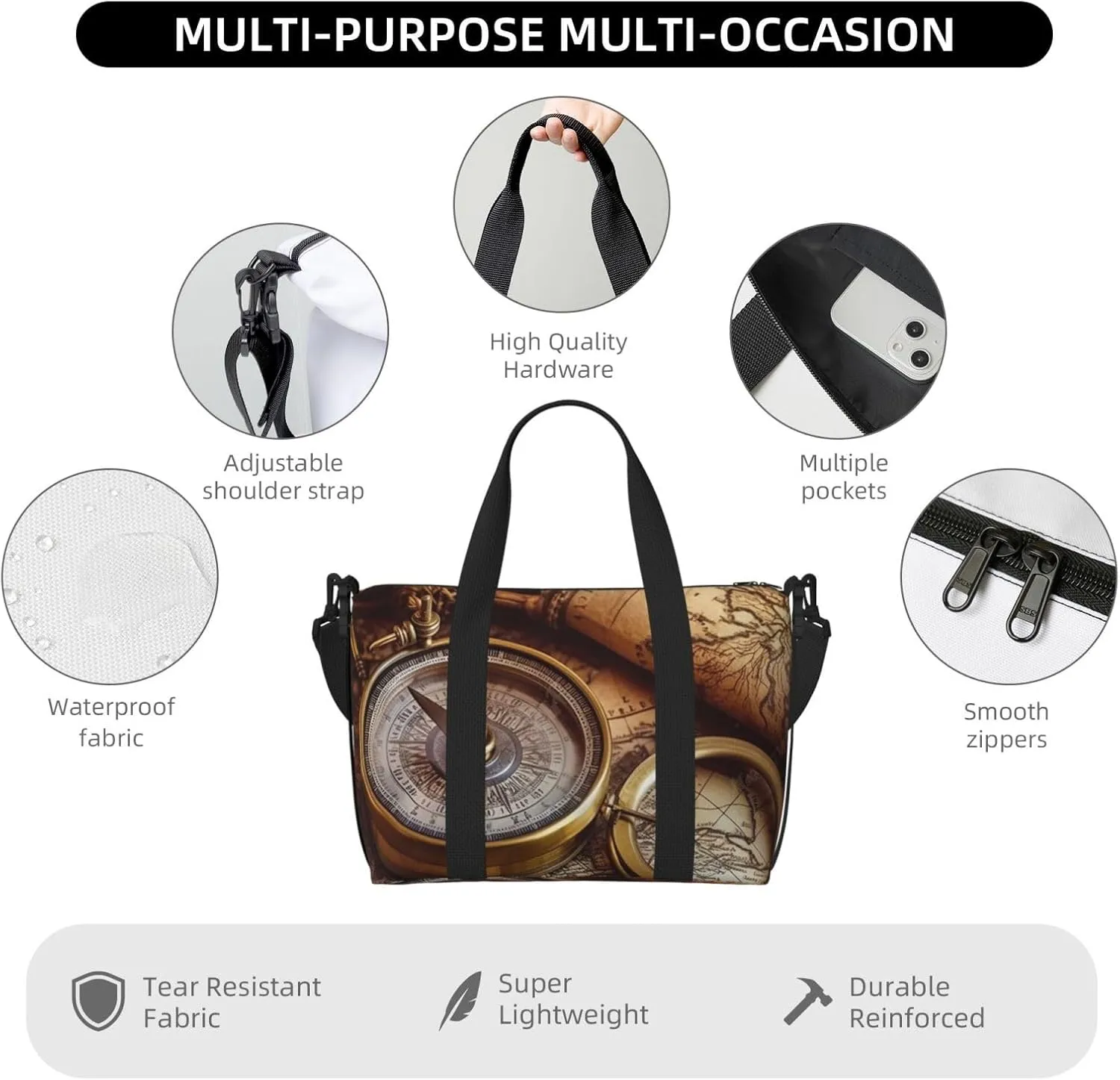 Sports Gym Bag for Women Men Travel Duffel Bag Tote Weekender Bag Carry on Overnight Bag for Travel Swimming Fitness Workout Sports Compass and Old World Map Duffle Bag