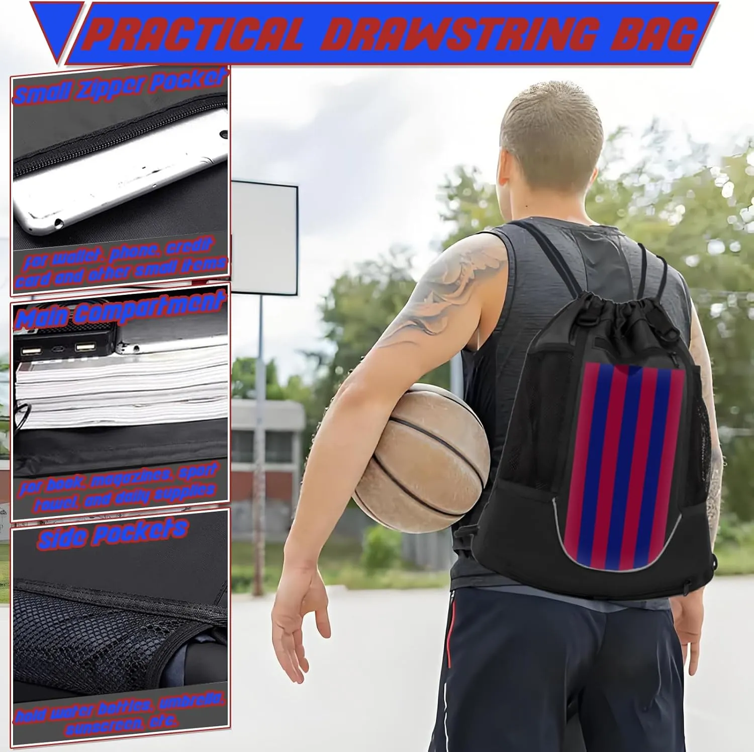 STAY GENT Drawstring Basketball Backpack for Boys, Foldable Soccer Backpack Gym Bag Sackpack Sports Sack with Detachable Ball Mesh Bag for Volleyball Baseball Yoga