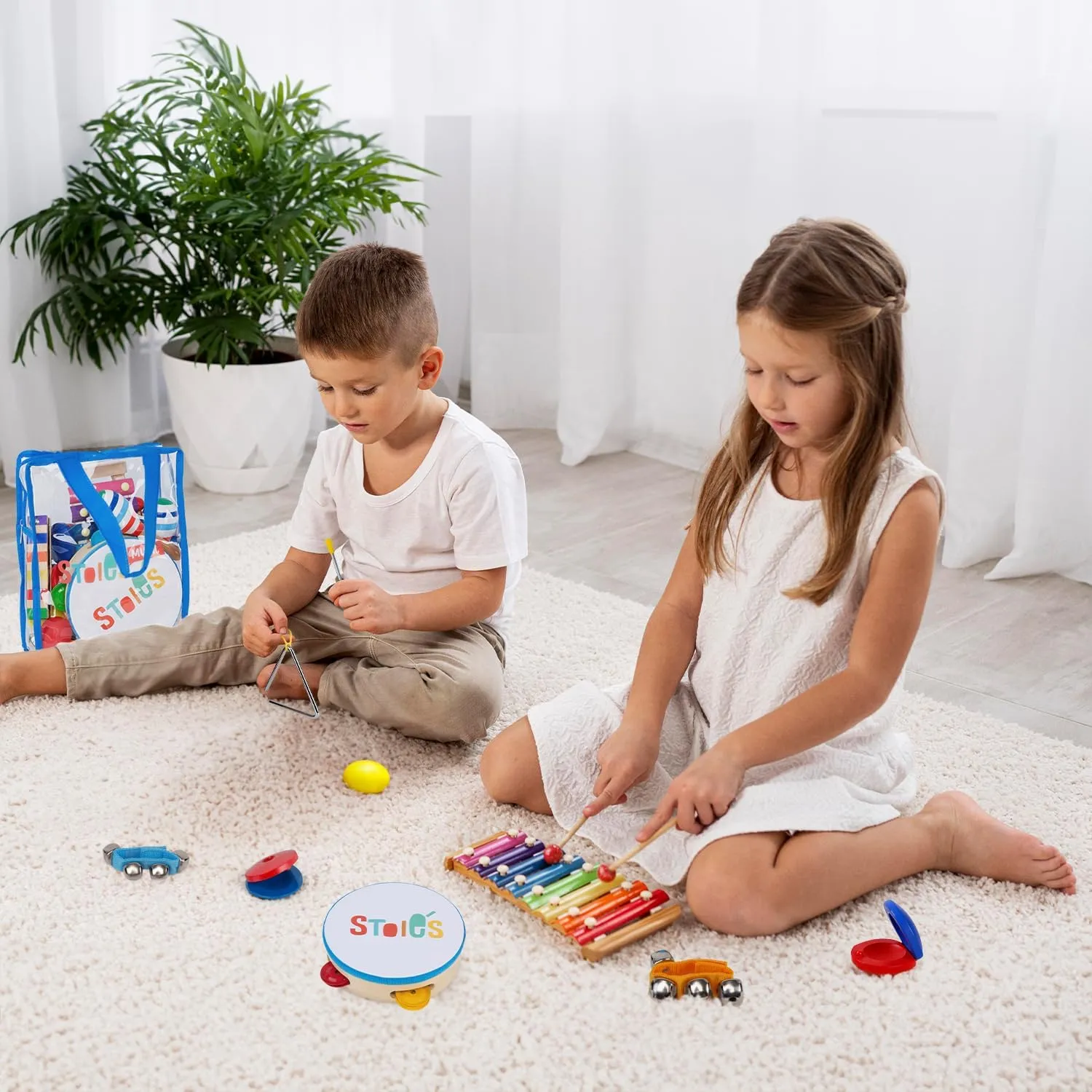 Stoie's Wooden Kids Musical Instruments for 1-5 Years Old, Baby Percussion Toys with Xylophone, Maracas, Tamburine, Durable, Safe to Play, Clear Loud Sound, Kid-Friendly Size, with a Storage Bag