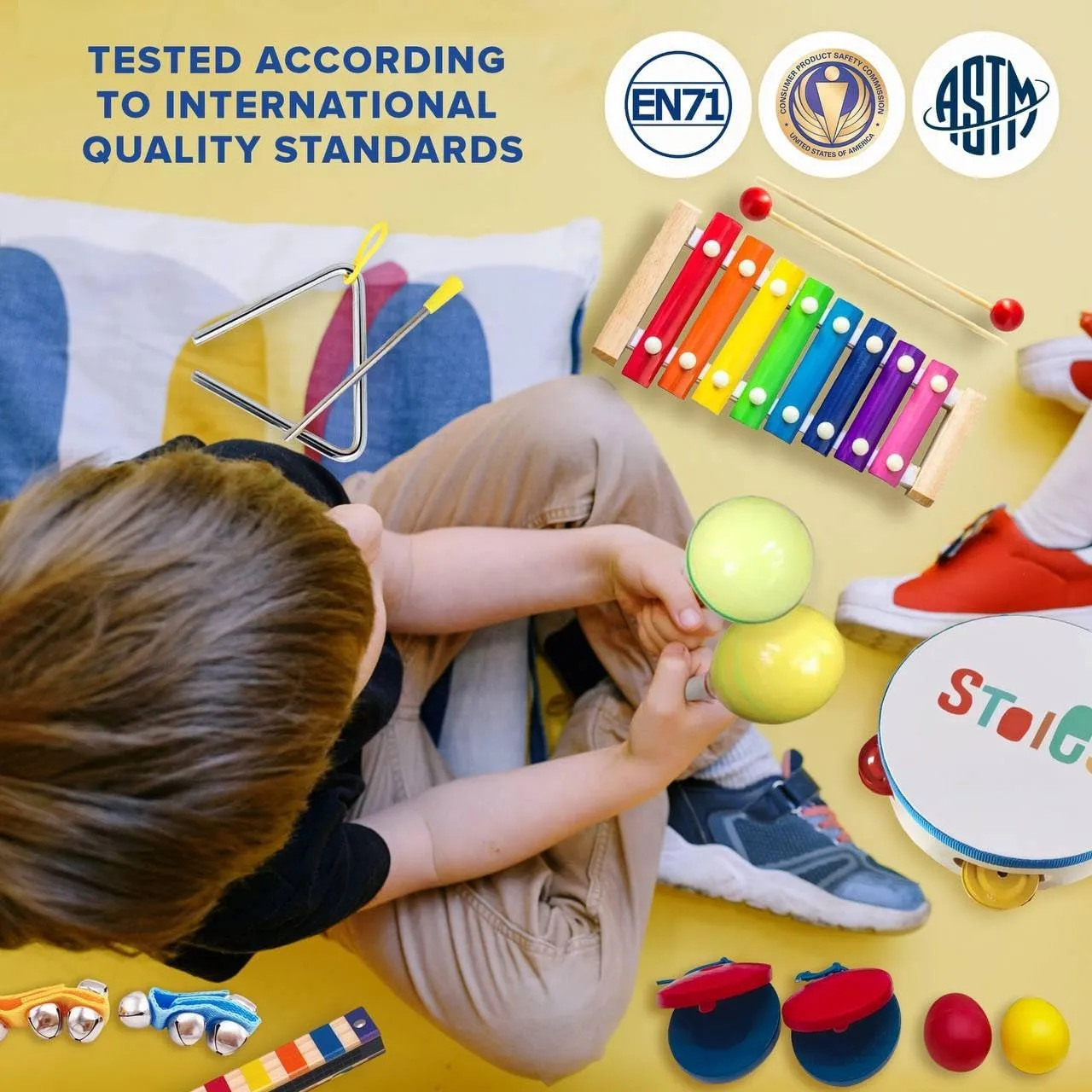 Stoie's Wooden Kids Musical Instruments for 1-5 Years Old, Baby Percussion Toys with Xylophone, Maracas, Tamburine, Durable, Safe to Play, Clear Loud Sound, Kid-Friendly Size, with a Storage Bag