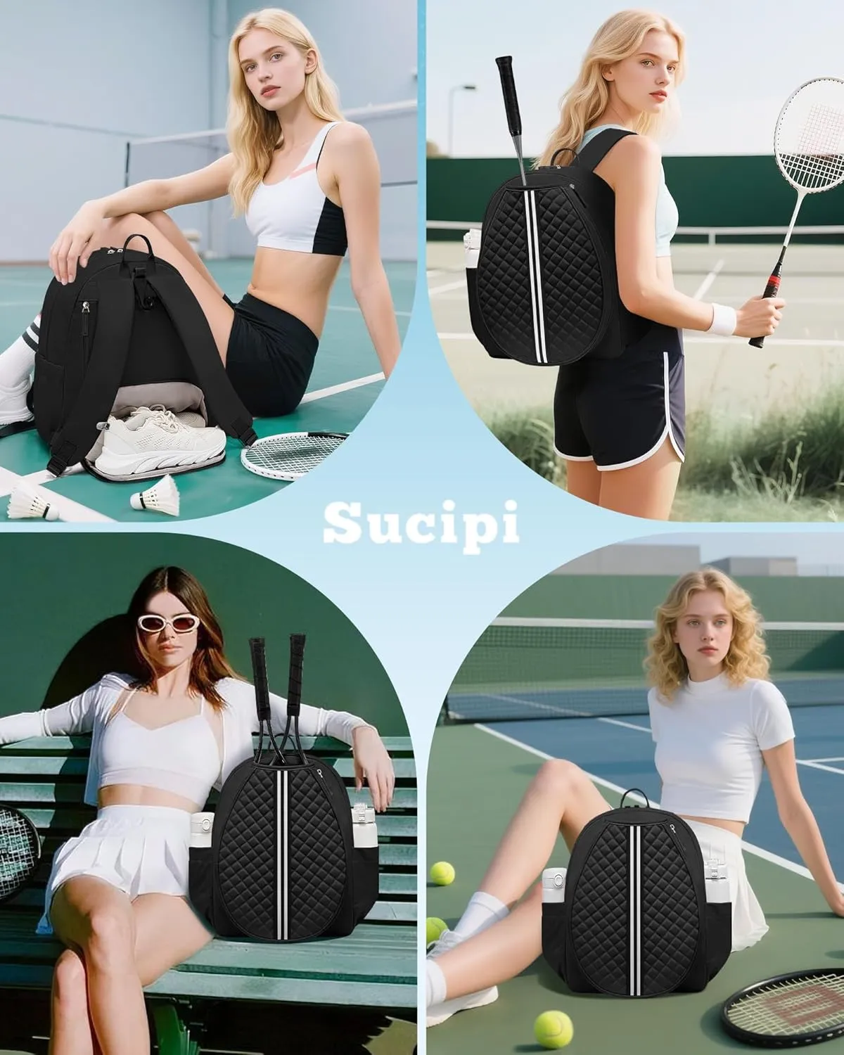 Sucipi Tennis Bag, Quilted Tennis Sling Crossbody Backpack, Water Resistant Tennis Racket Bags for Women Men, Suitable for Pickleball Tennis Badminton