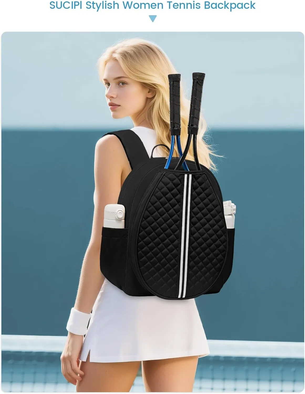 Sucipi Tennis Bag, Quilted Tennis Sling Crossbody Backpack, Water Resistant Tennis Racket Bags for Women Men, Suitable for Pickleball Tennis Badminton