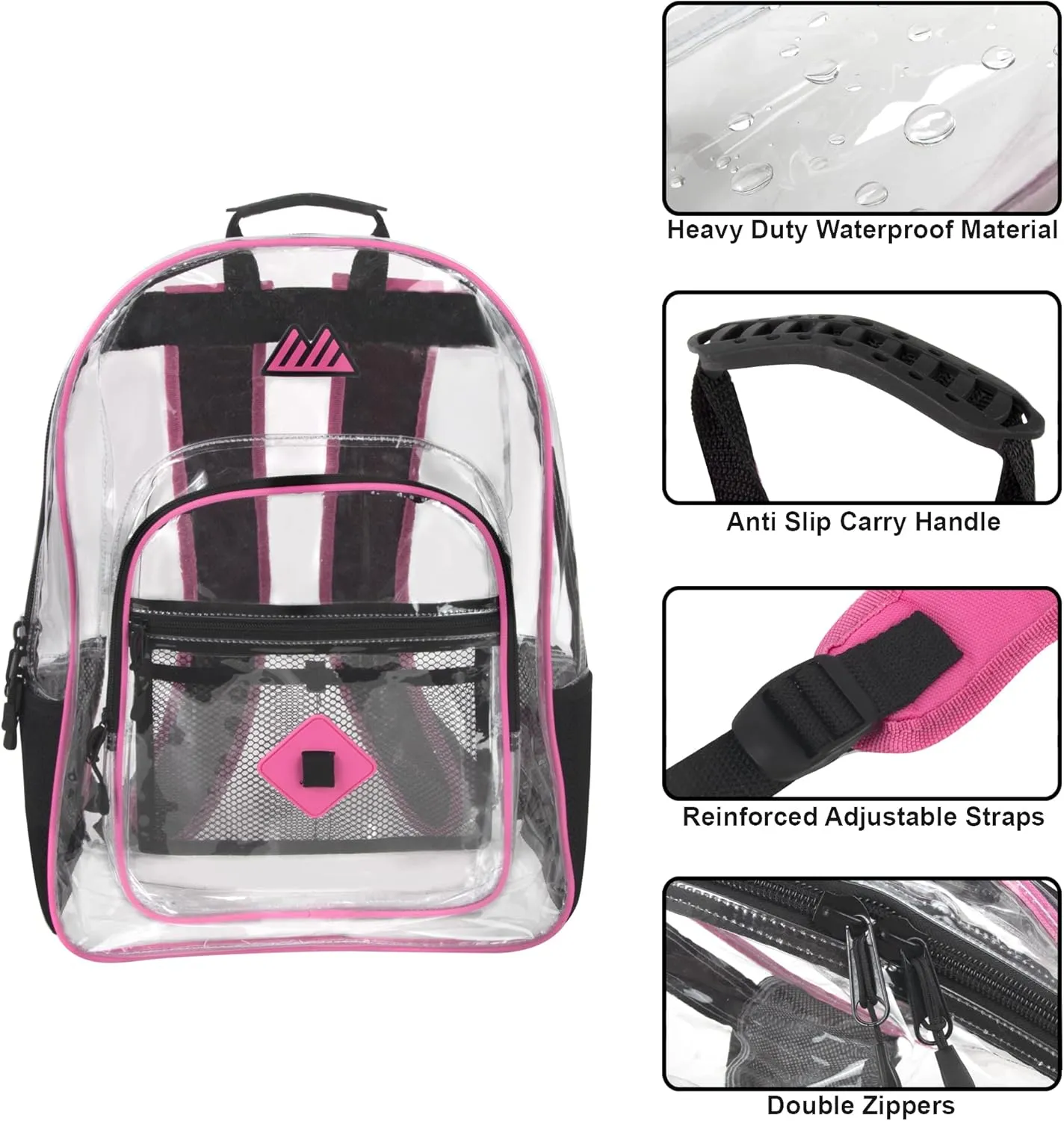 Summit Ridge Clear Waterproof Heavy Duty Stadium Approved Backpack With Water Bottle Holding Pocket, Front Zipper and Mesh Pockets for Men and Women in Pink