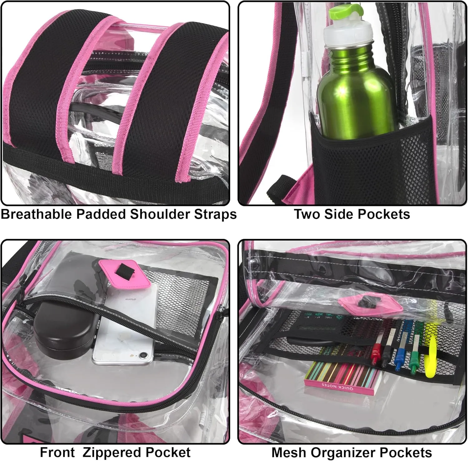 Summit Ridge Clear Waterproof Heavy Duty Stadium Approved Backpack With Water Bottle Holding Pocket, Front Zipper and Mesh Pockets for Men and Women in Pink