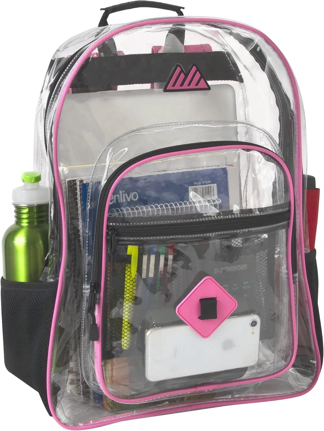 Summit Ridge Clear Waterproof Heavy Duty Stadium Approved Backpack With Water Bottle Holding Pocket, Front Zipper and Mesh Pockets for Men and Women in Pink