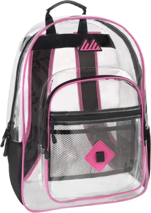Summit Ridge Clear Waterproof Heavy Duty Stadium Approved Backpack With Water Bottle Holding Pocket, Front Zipper and Mesh Pockets for Men and Women in Pink