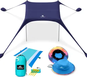 SUN NINJA Beach Shade Canopy Bundle with Beach Blanket and UPF 50  Bucket Hat, Complete Sun Protection, Easy Setup & Portable, Sand-Free Relaxation, Versatile Outdoor Use