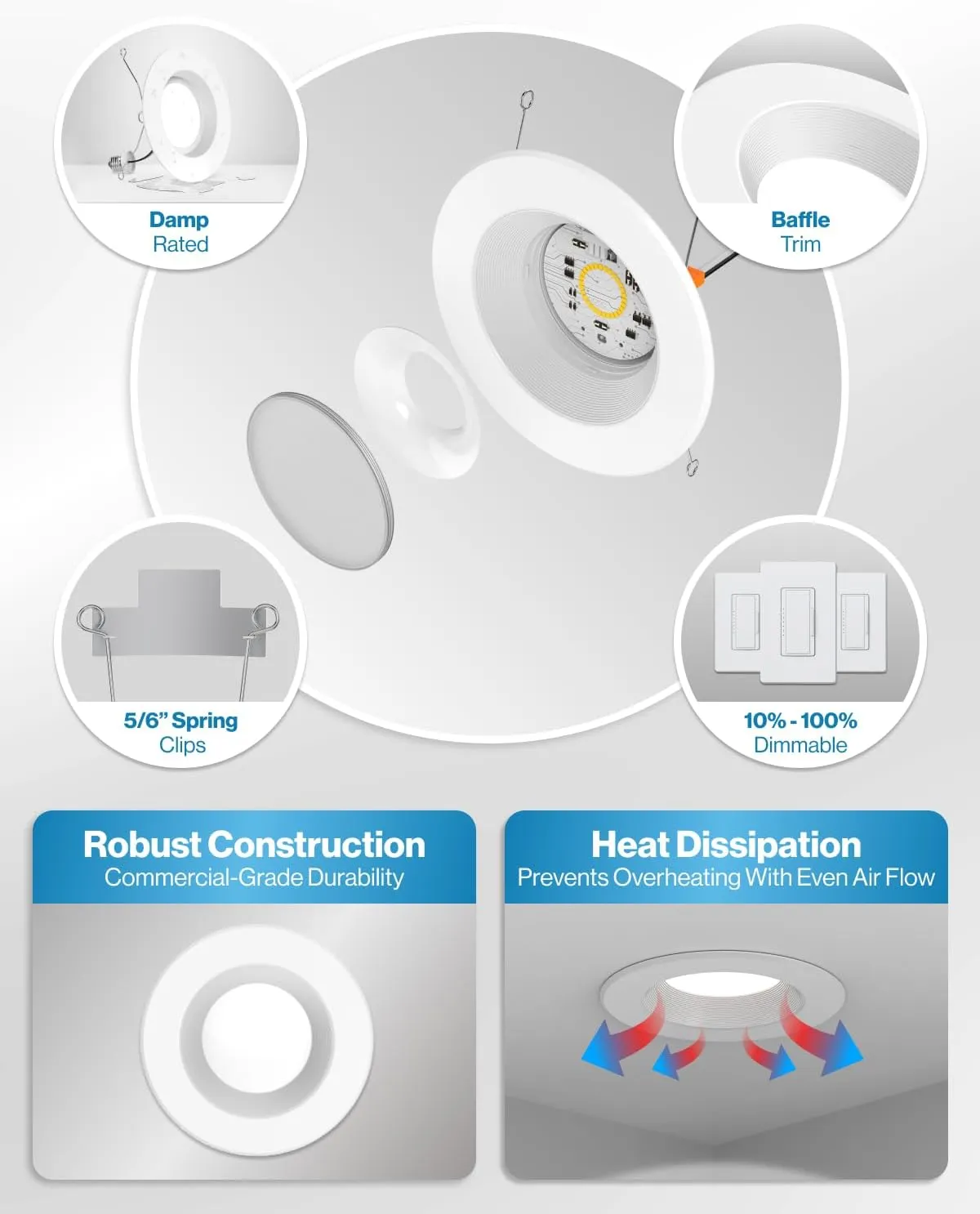 Sunco Retrofit LED Recessed Lighting 6 Inch, Downlight Can Lights for Ceiling, Baffle Trim, 965 LM, 13W (120W Equivalent), 5000K Daylight, Dimmable, Damp Rated UL 4 Pack.