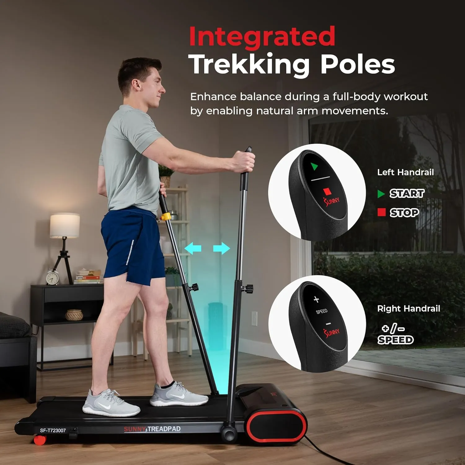 Sunny Health & Fitness Slim Under Desk Walking Compact Treadpad Treadmill with Remote Control, Digital Display, Shock Absorption, Optional Trekking Poles, Free SunnyFit App Bluetooth Connectivity