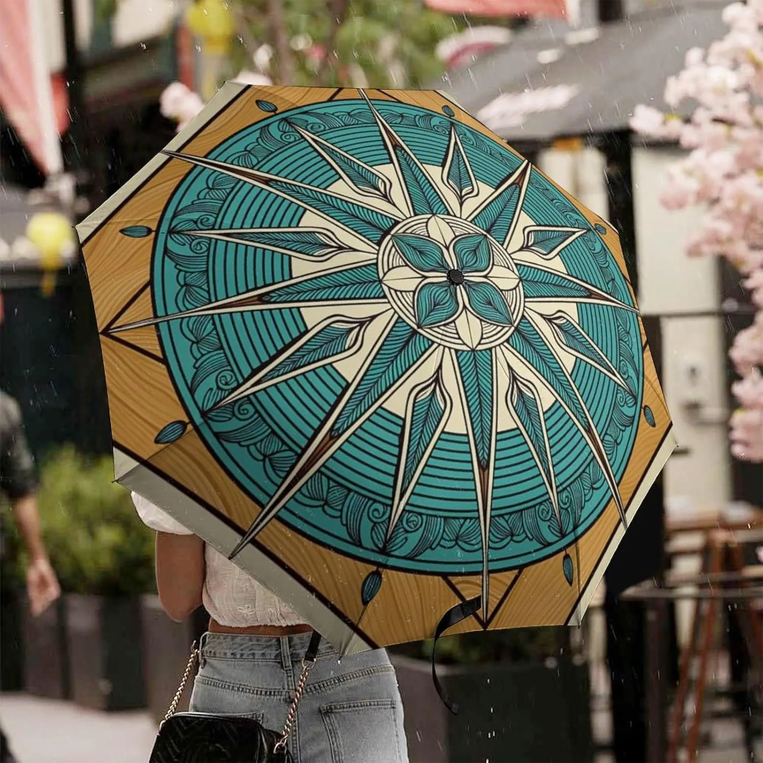 Sunproof Waterproof Travel Auto Folding Umbrella for Women Men Kids, Golf Umbrellas Ergonomic Handle, Auto Open and Close Button, Vintage Compass Art Umbrellas
