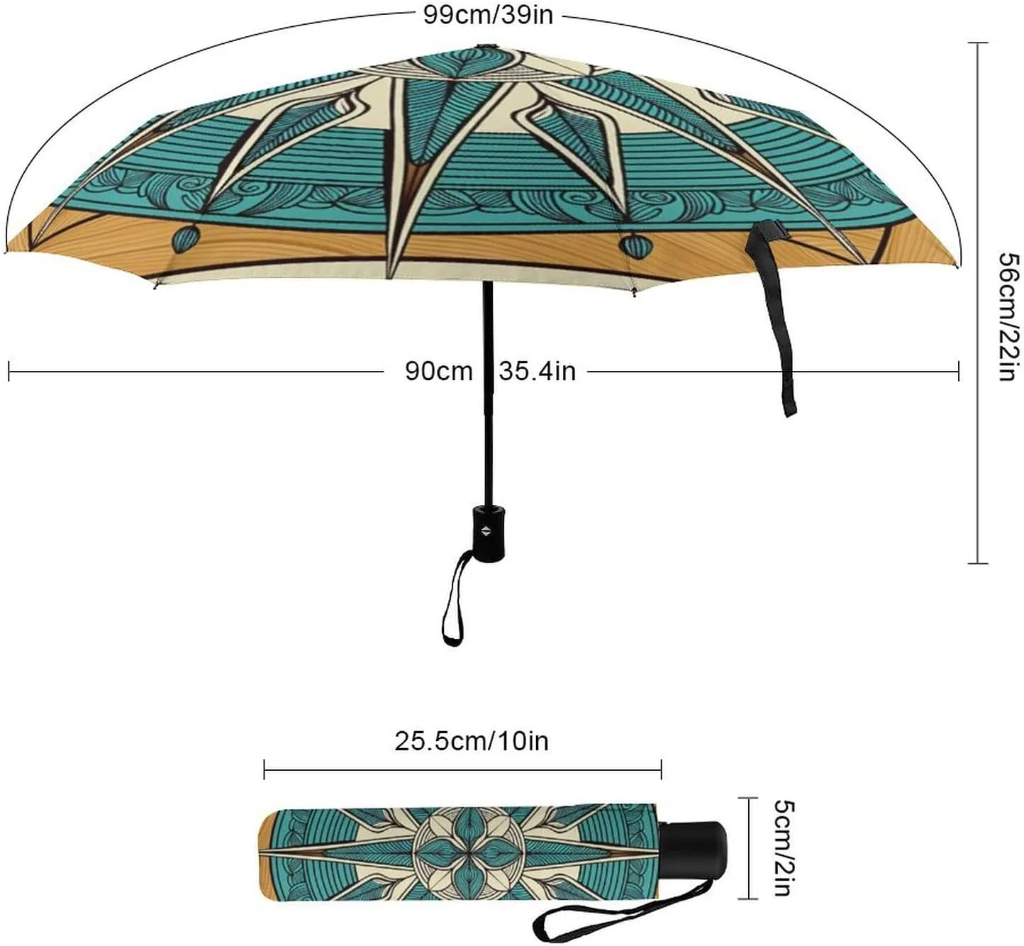 Sunproof Waterproof Travel Auto Folding Umbrella for Women Men Kids, Golf Umbrellas Ergonomic Handle, Auto Open and Close Button, Vintage Compass Art Umbrellas