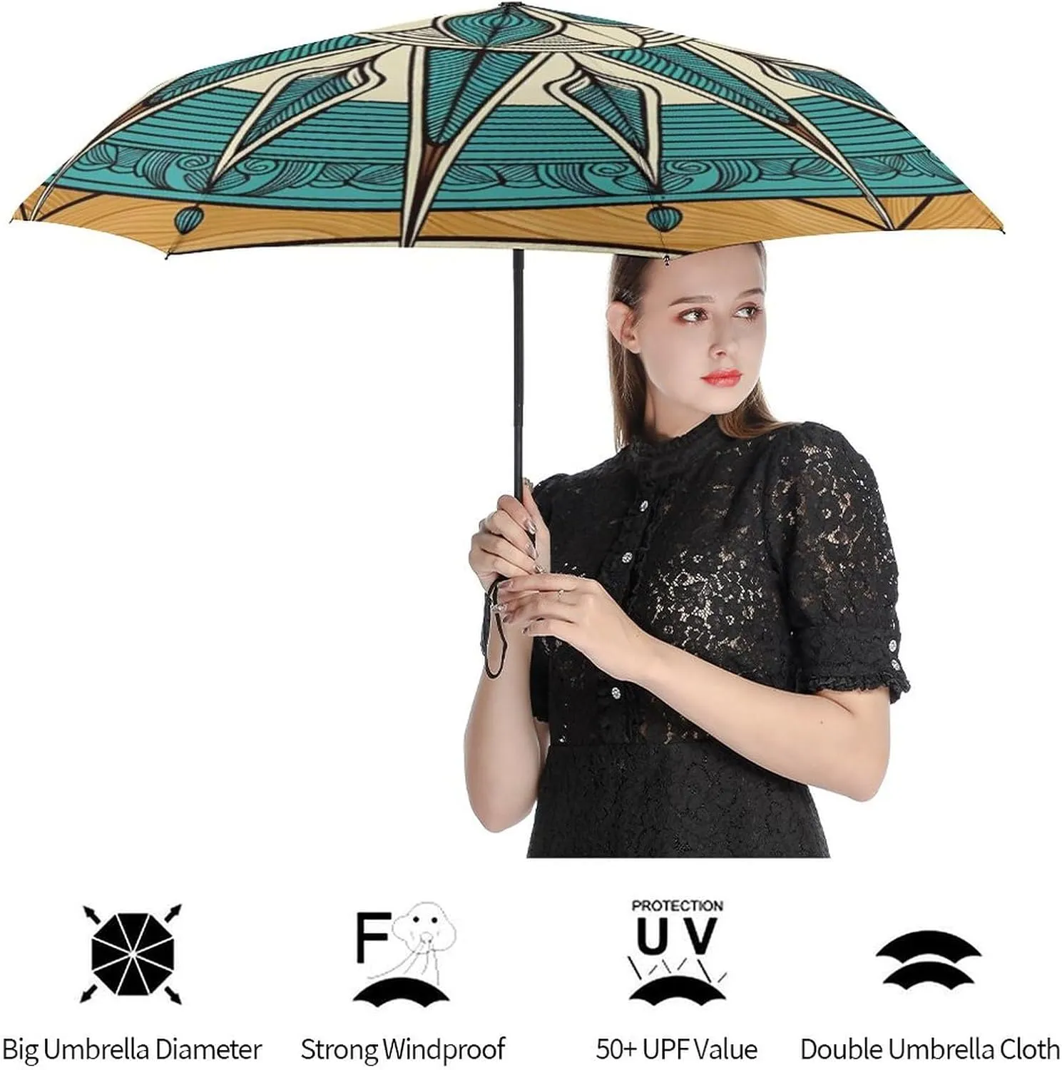 Sunproof Waterproof Travel Auto Folding Umbrella for Women Men Kids, Golf Umbrellas Ergonomic Handle, Auto Open and Close Button, Vintage Compass Art Umbrellas